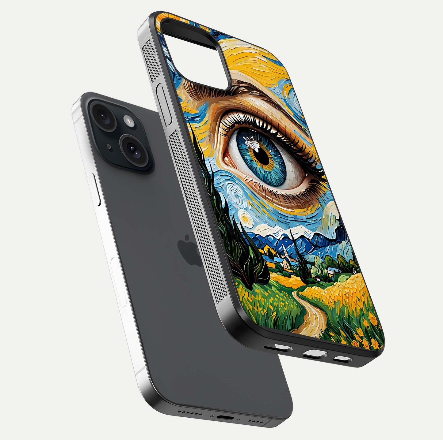 Van Gogh Eye Glass Case for iPhone 15 floating dual-view mockup displaying gloss texture and depth