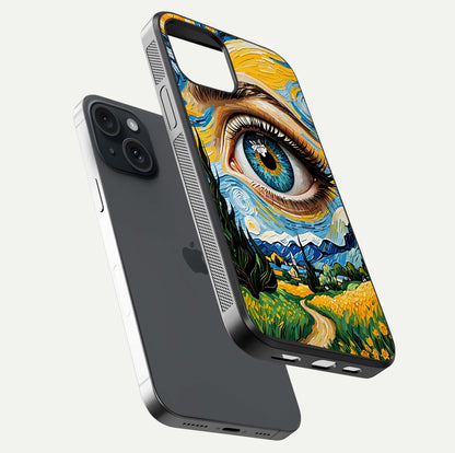 Van Gogh Eye Glass Case for iPhone 15 floating dual-view mockup displaying gloss texture and depth