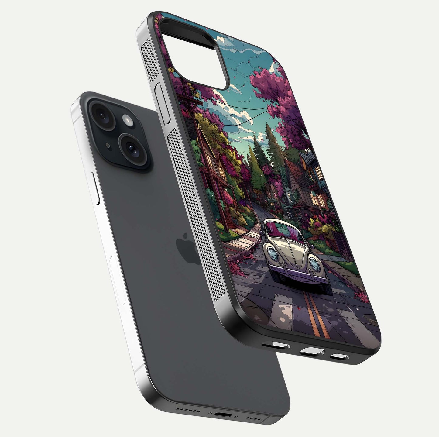 Vintage Street Drive Glass Case for iPhone 15 floating dual-view mockup displaying gloss shine and texture