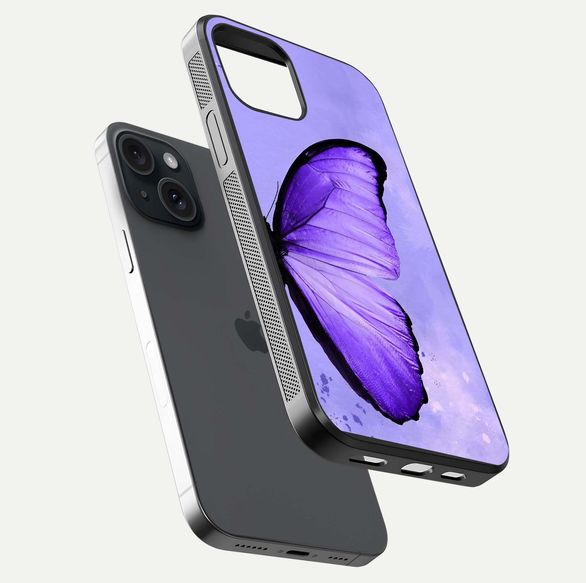 Violet Dream Wing Glass Case for iPhone 15 floating dual-view mockup displaying gloss depth and clarity