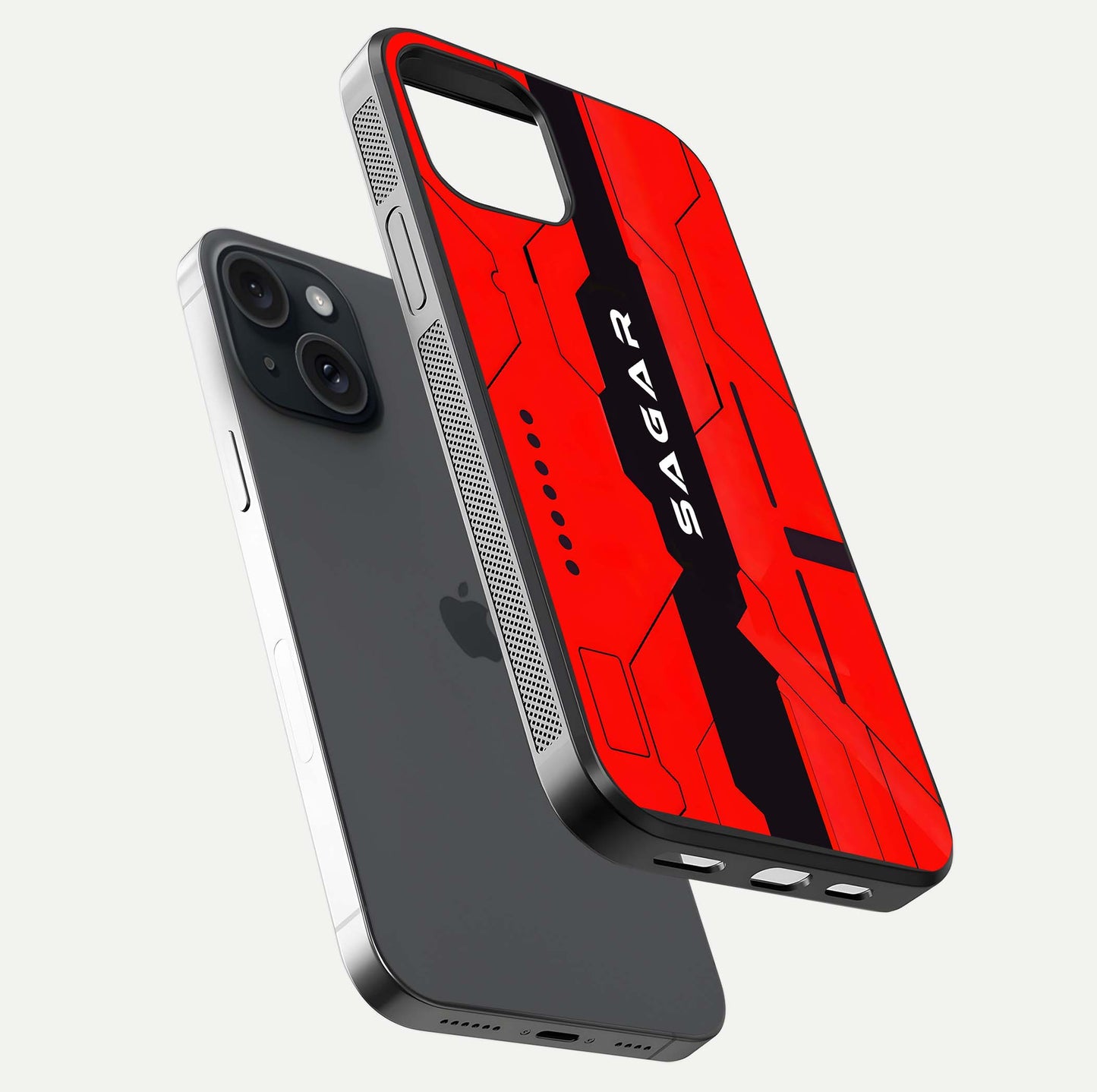 Voltage Rise CYBERPUNK Custom Name Glass Case for iPhone 15 floating dual-view mockup displaying gloss shine and lighting