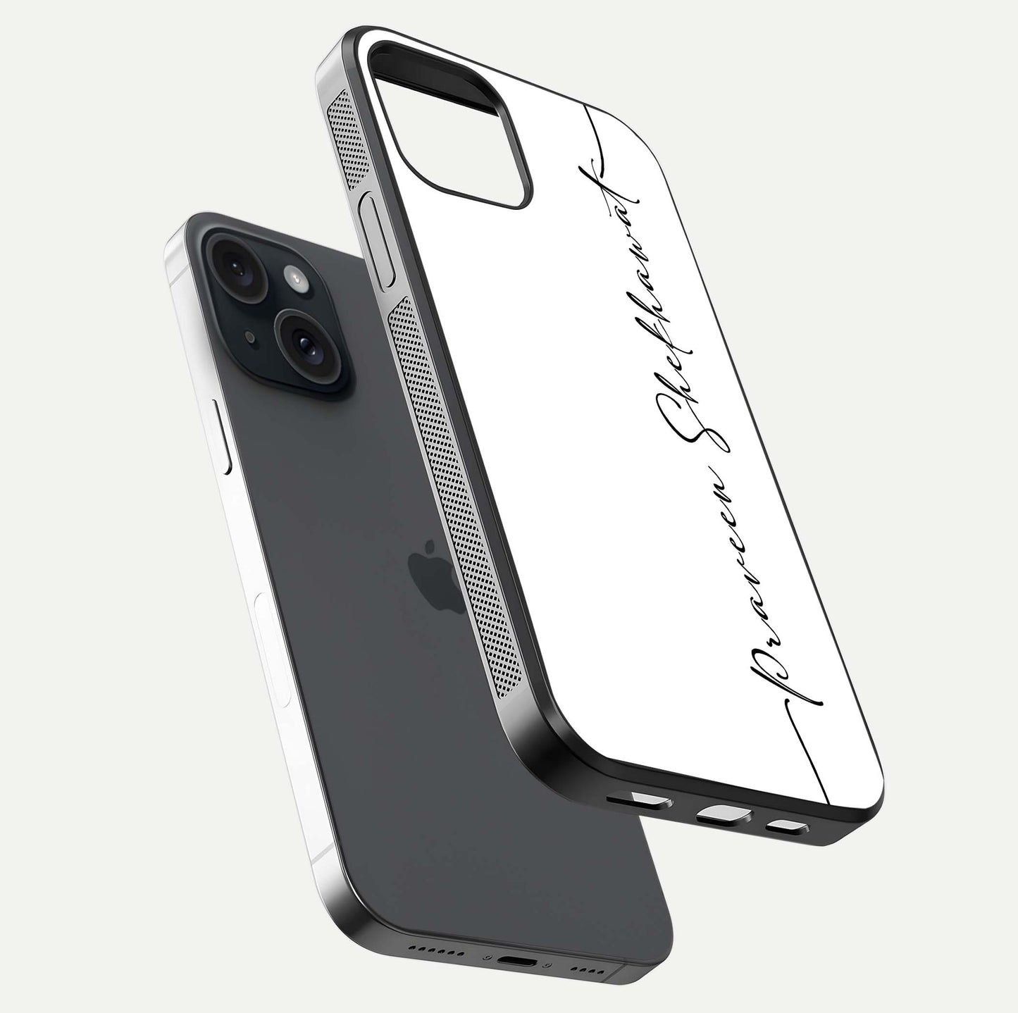 White Tune Custom Name Glass Case for iPhone 15 floating dual-view mockup displaying gloss and HD detail