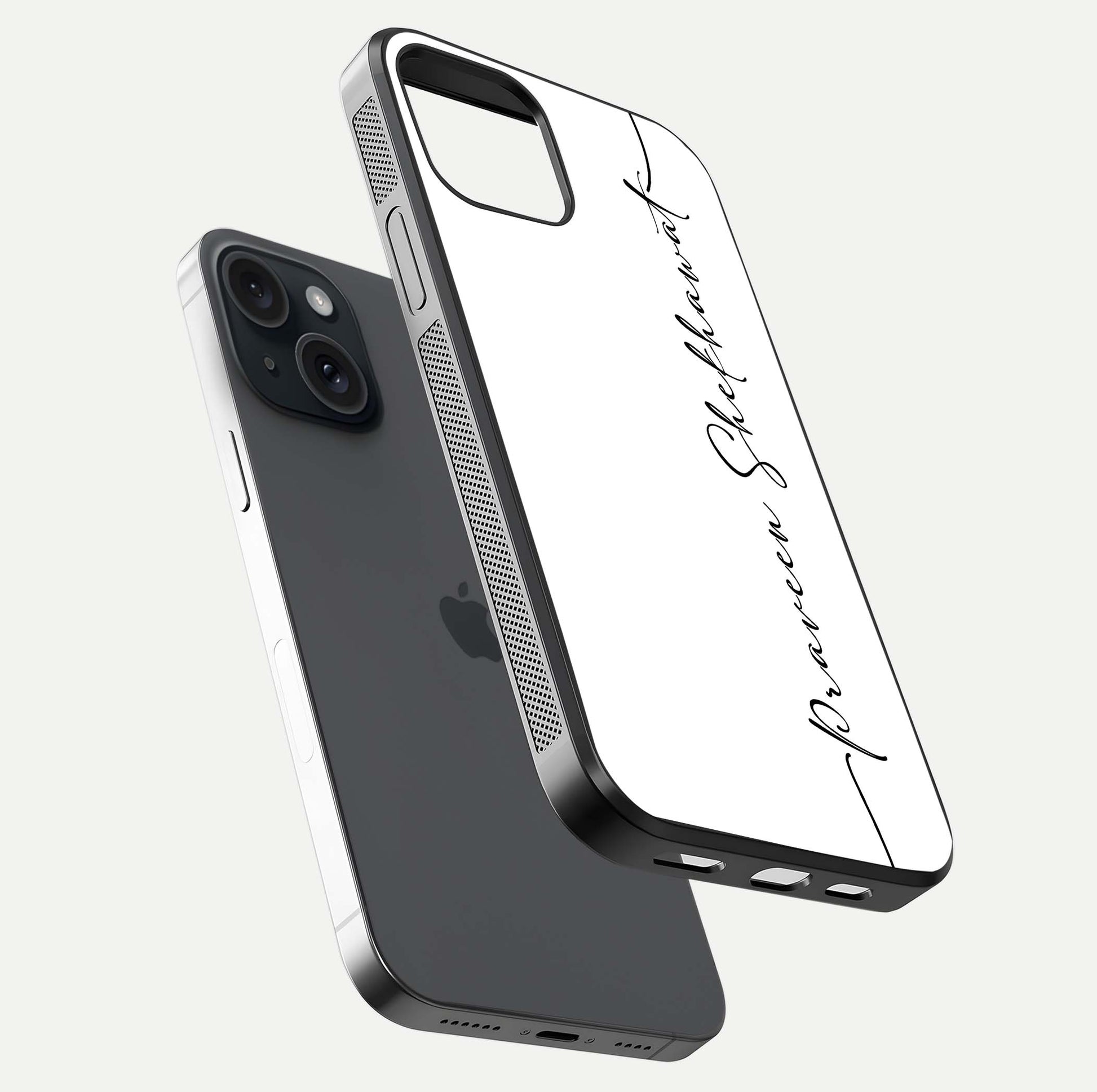 White Tune Custom Name Glass Case for iPhone 15 floating dual-view mockup displaying gloss and HD detail