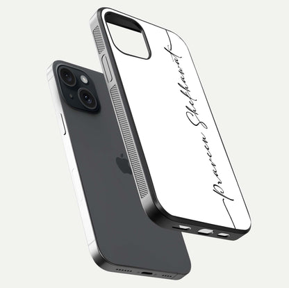 White Tune Custom Name Glass Case for iPhone 15 floating dual-view mockup displaying gloss and HD detail