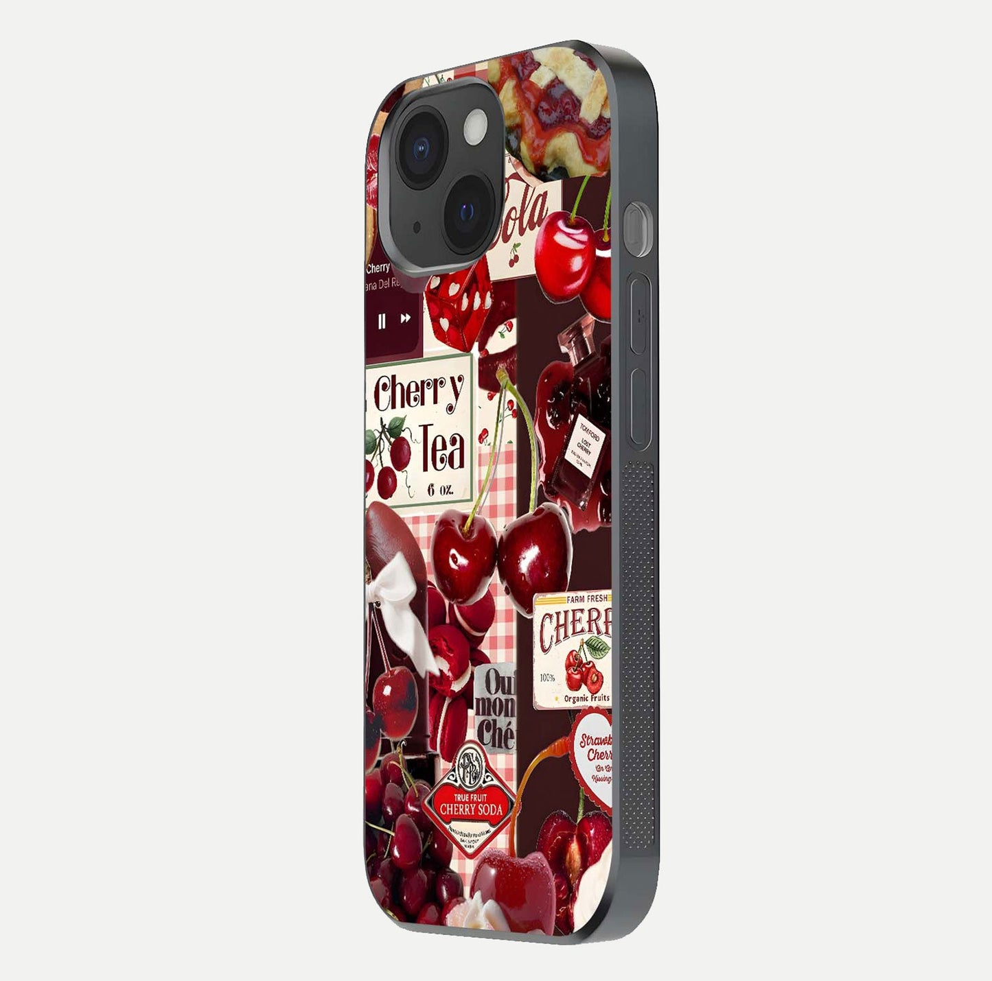 Aesthetic Cherry Tea Glass Case for iPhone 15 side-angle image showing cherry collage print, camera module, and glossy finish reflection