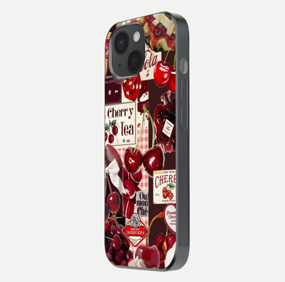 Aesthetic Cherry Tea Glass Case for iPhone 15 side-angle image showing cherry collage print, camera module, and glossy finish reflection