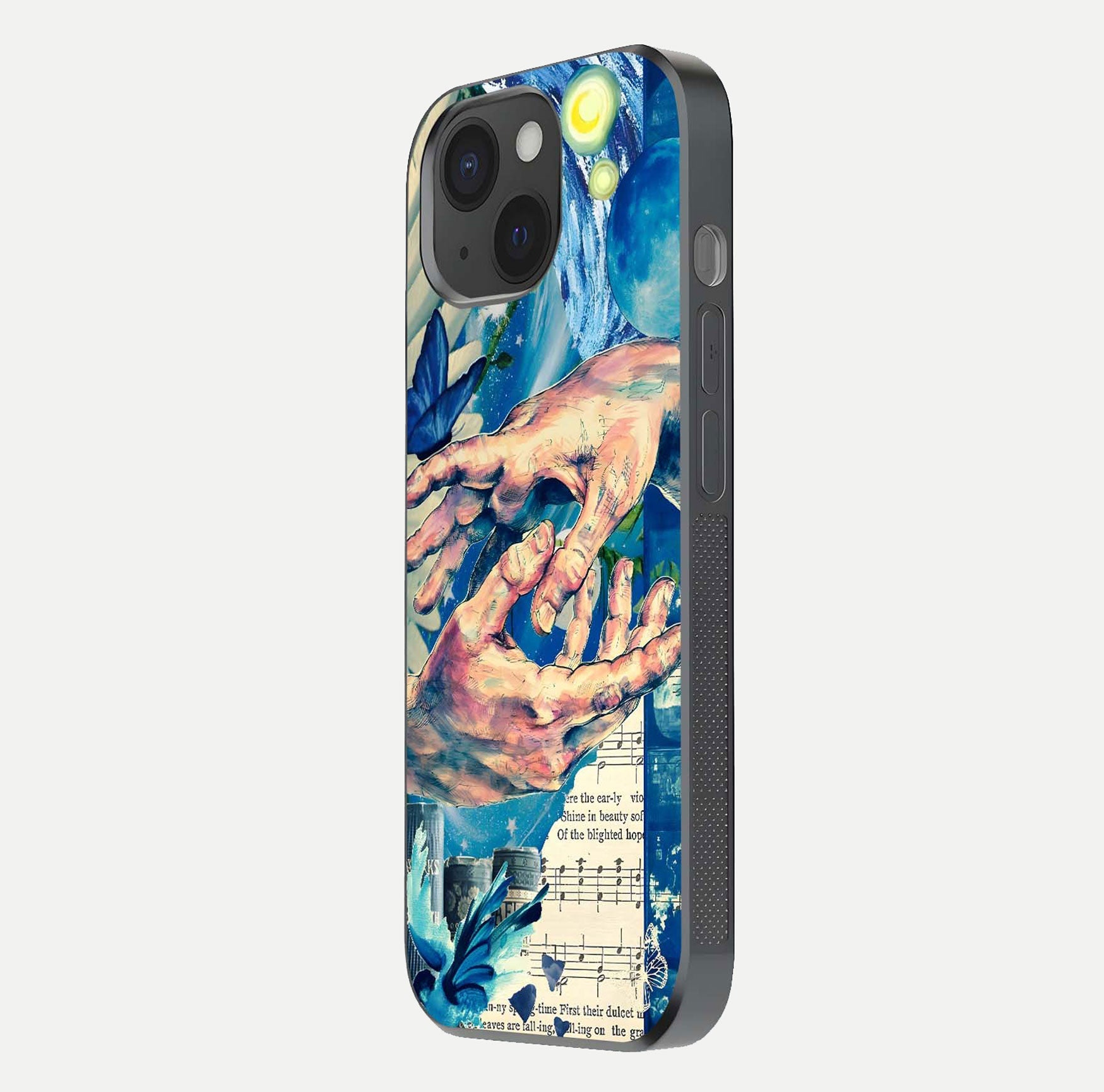 Aesthetic Divider Glass Case for iPhone 15 side-angle image showing divider pattern print, camera module, and glossy finish reflection