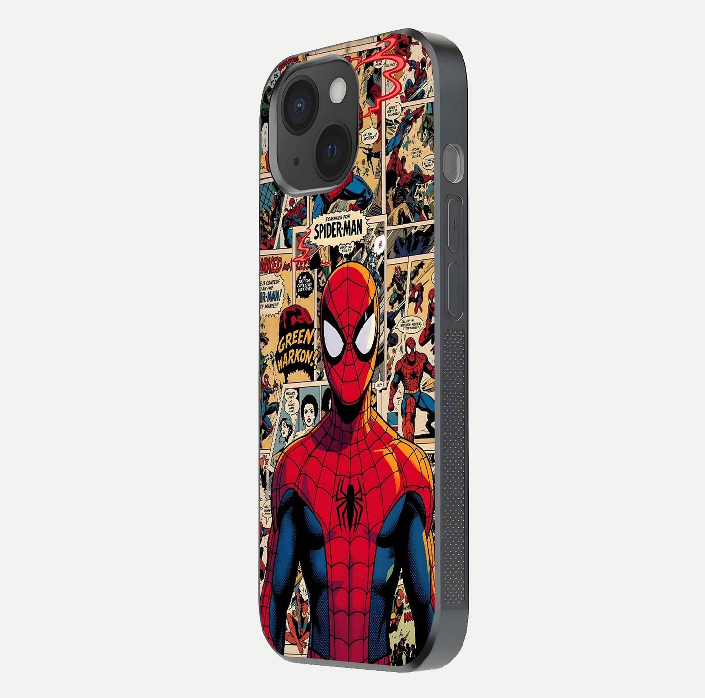 Aesthetic Spider Man Glass Case for iPhone 15 side-angle image showing superhero comic print, camera module, and glossy finish reflection