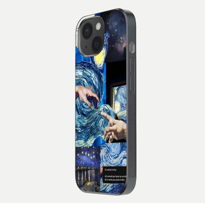 Aesthetic Vando Hands Glass Case for iPhone 15 side-angle image showcasing hand design, protective edges, and gloss texture