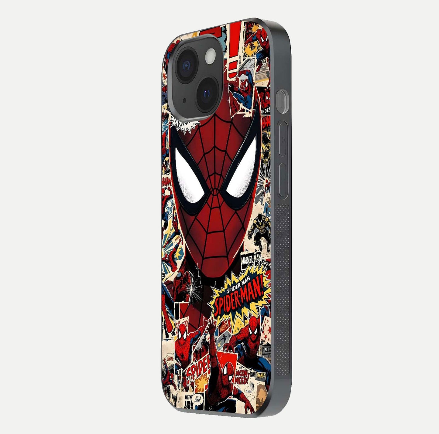 Aesthetic Wonder Spider Glass Case for iPhone 15 side-angle shot showing red-blue tones and durable protective frame