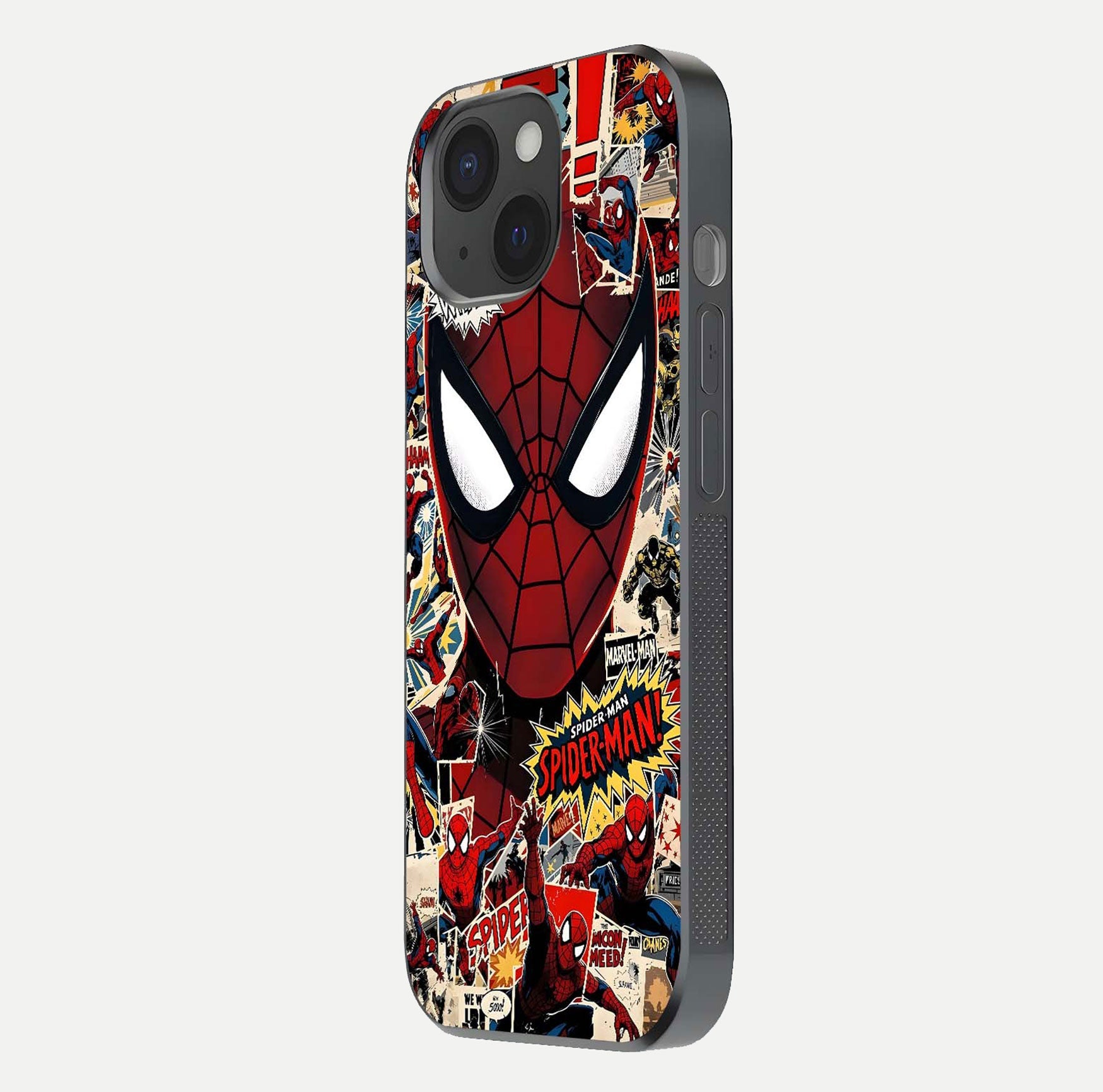 Aesthetic Wonder Spider Glass Case for iPhone 15 side-angle shot showing red-blue tones and durable protective frame