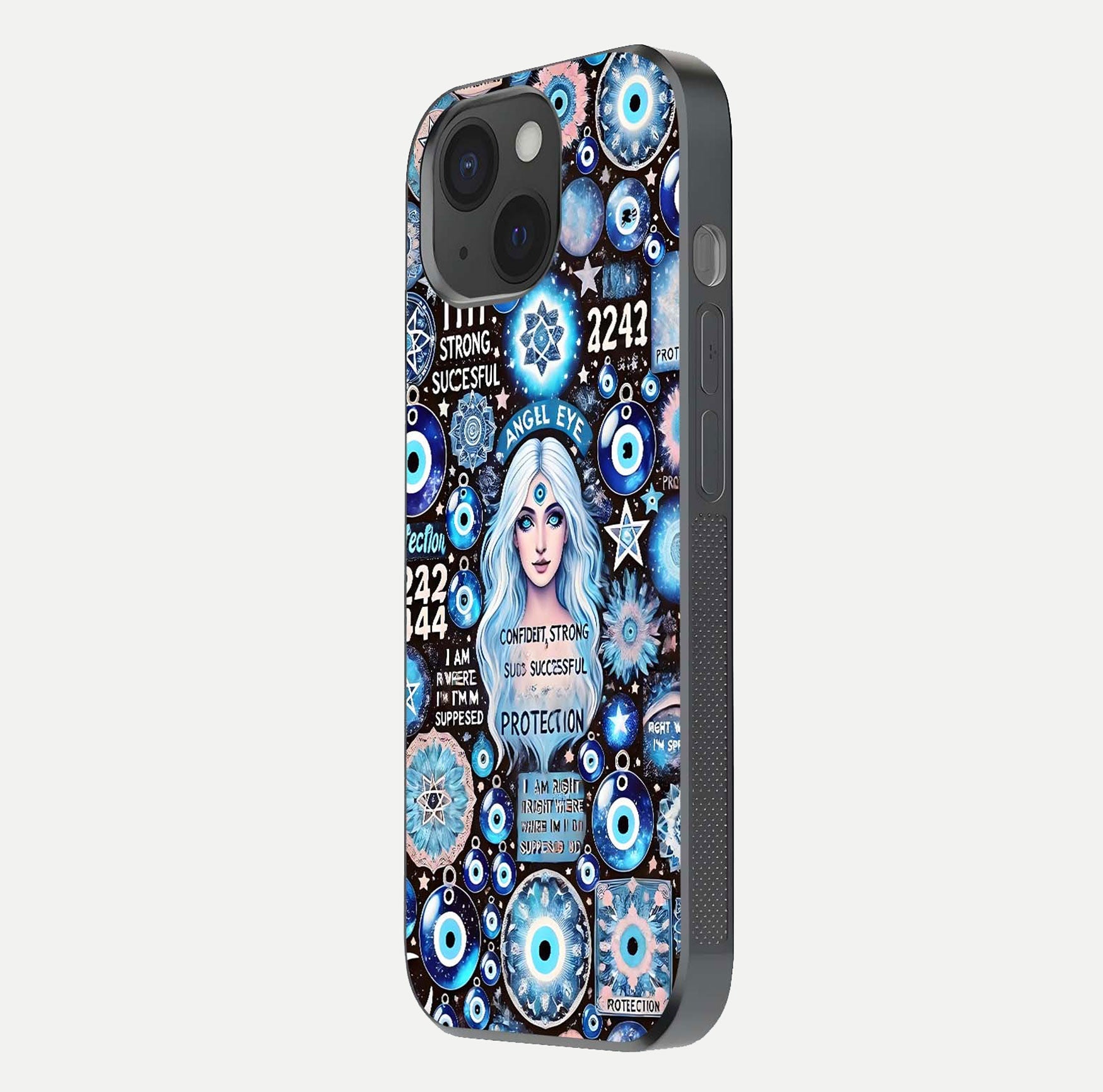 Angel Aura Shield Glass Case for iPhone 15 side-angle photo showcasing aura details and glossy surface reflection