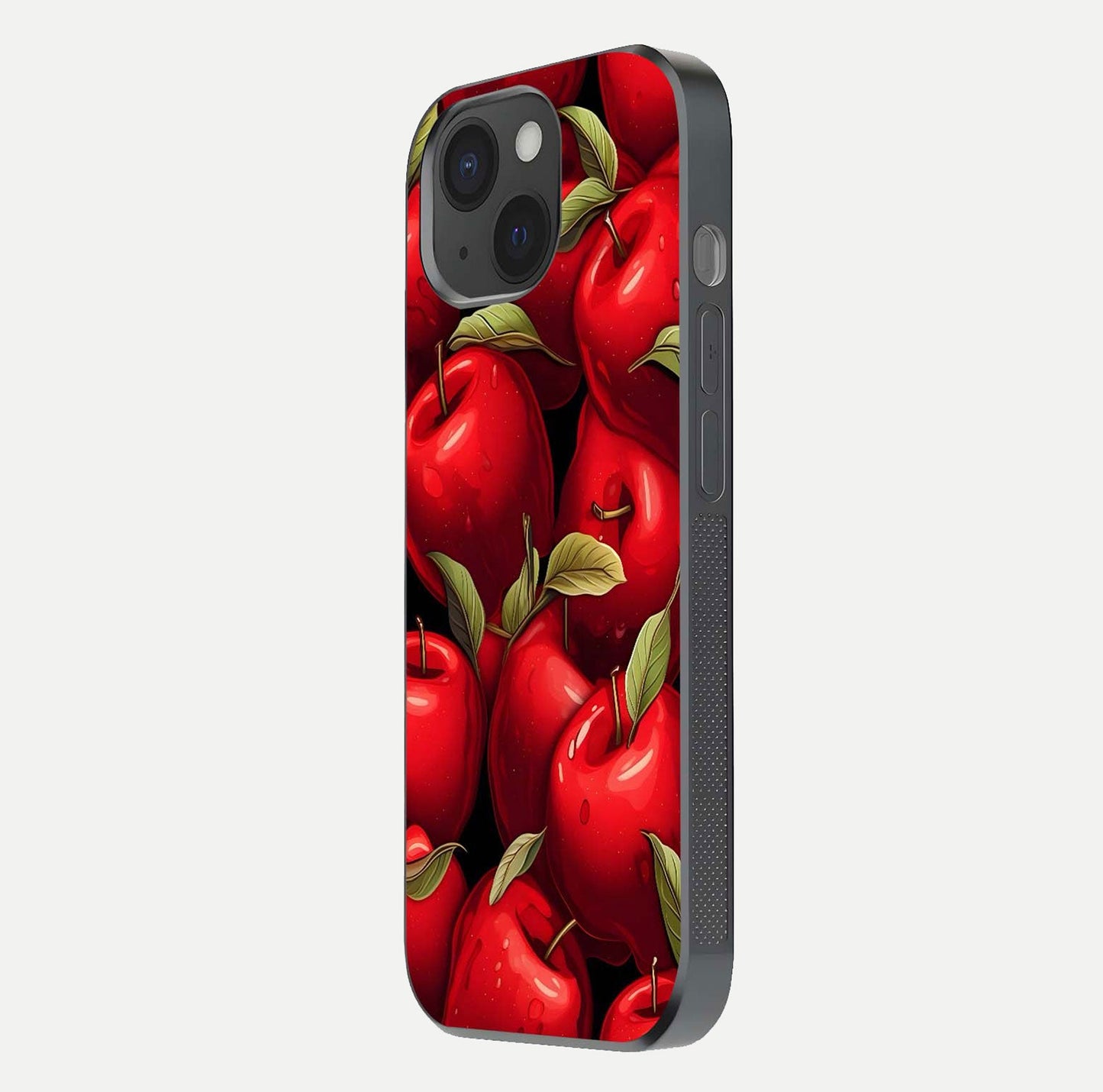 Apple Pattern Glass Case for iPhone 15 side-angle image showcasing minimalist apple print and gloss reflection