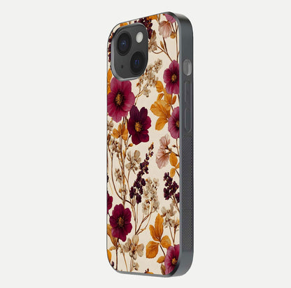 Autumn Wine Bloom Glass Case for iPhone 15 side-angle showcasing floral design, texture gloss, and camera frame