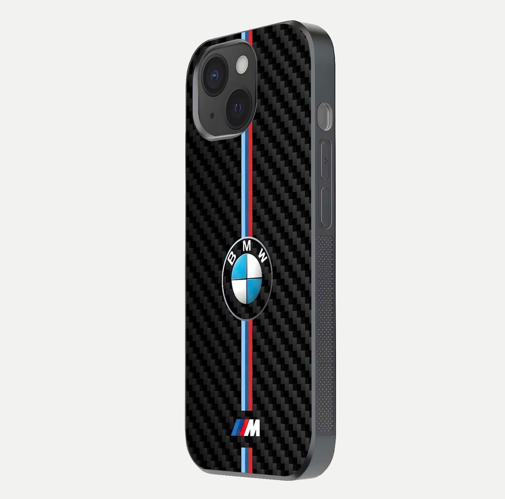 BMW Pattern Glass Case for iPhone 15 side-angle image showing edge finish and luxury car-inspired shine