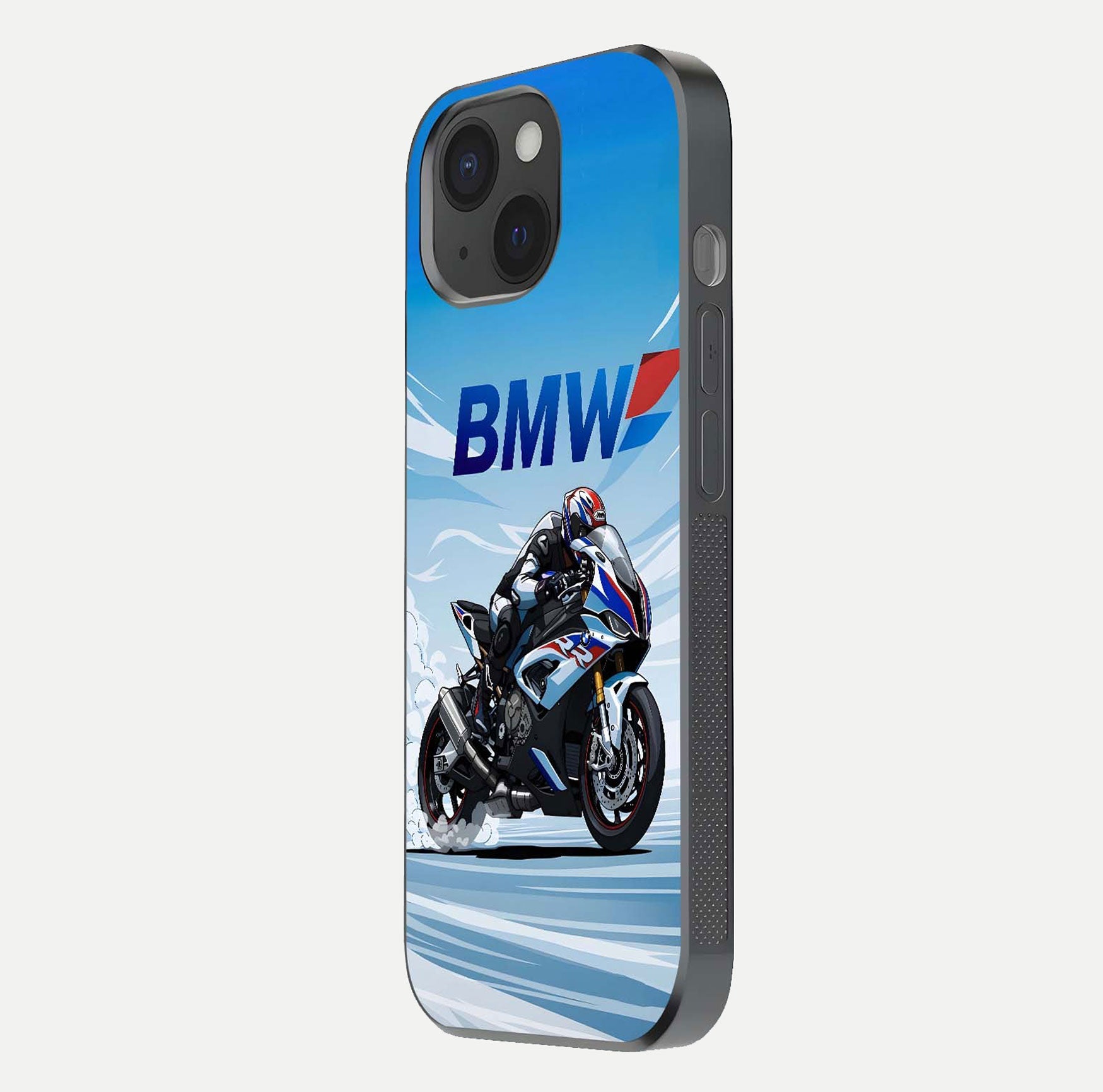 BMW Power Drift Glass Case for iPhone 15 side-angle image emphasizing smooth finish and detailed design