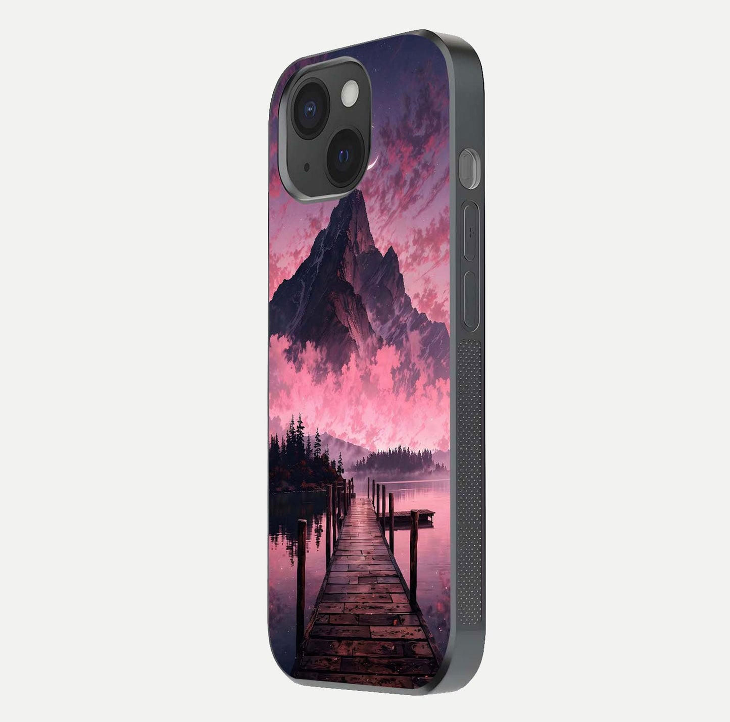 Beautyful Mountain View Glass Case for iPhone 15 side-angle image displaying mountain artwork and gloss surface