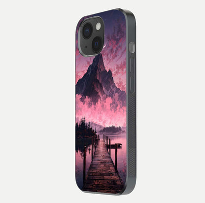 Beautyful Mountain View Glass Case for iPhone 15 side-angle image displaying mountain artwork and gloss surface