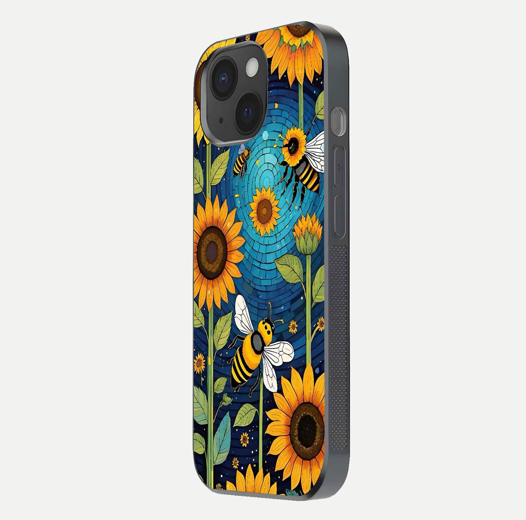 Bees & Sunflowers Glass Case for iPhone 15 side-angle image showing bee pattern alignment and shiny protective surface