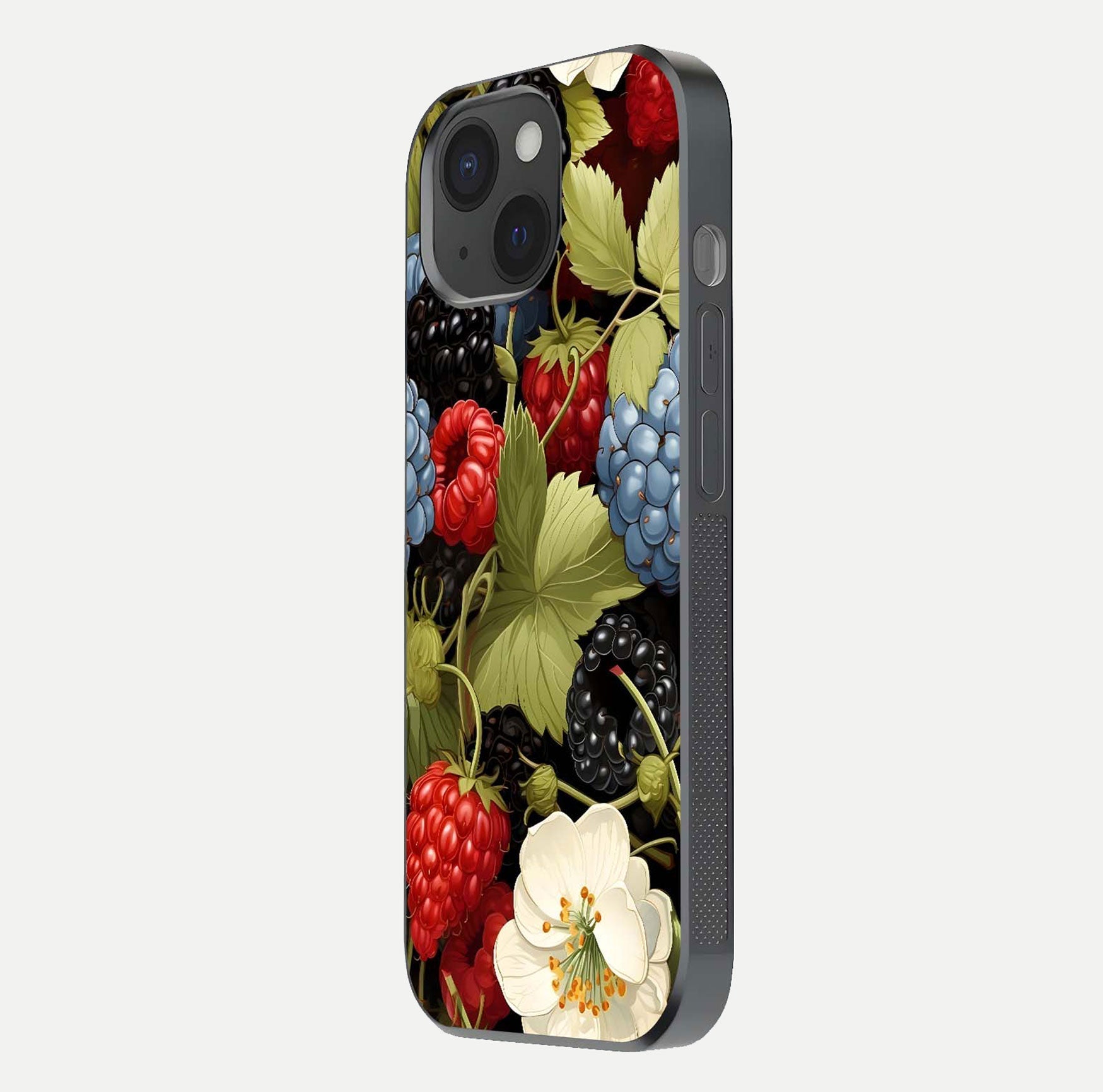 Berry Bloom Charm Glass Case for iPhone 15 side-angle image showing floral texture and high-definition print gloss
