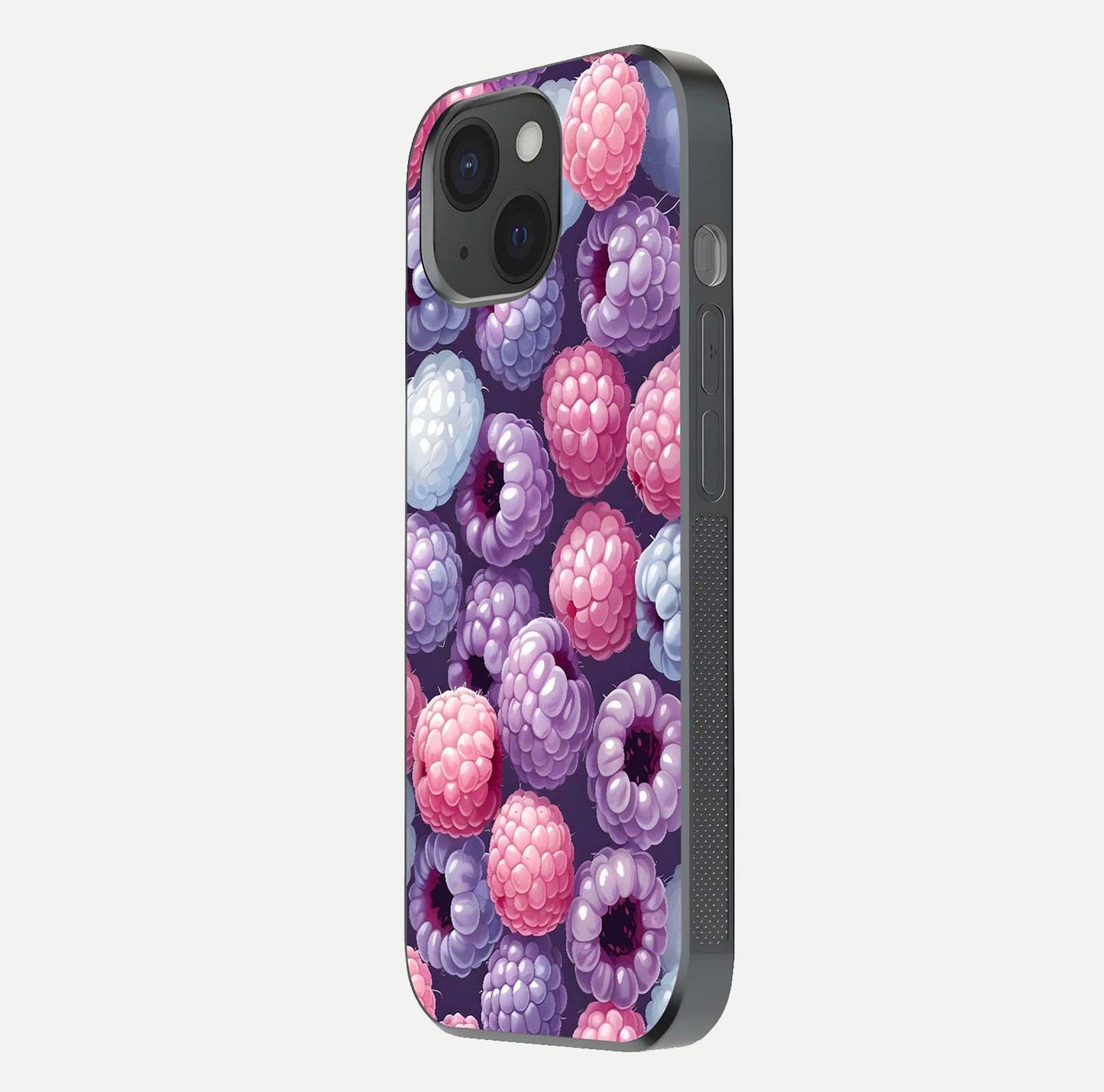 Berry Candy Pop Glass Case for iPhone 15 side-angle image with bright color tones and smooth reflection