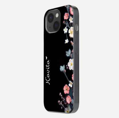 Black Elegance Floral Custom Name Glass Case for iPhone 15 side-angle showing black gloss depth and delicate print texture