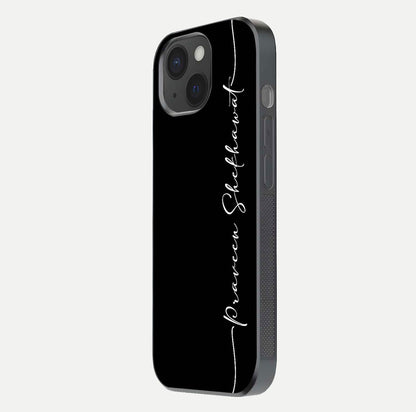 Black Tune Custom Name Glass Case for iPhone 15 side-angle photo showing mirror-like surface and slim profile