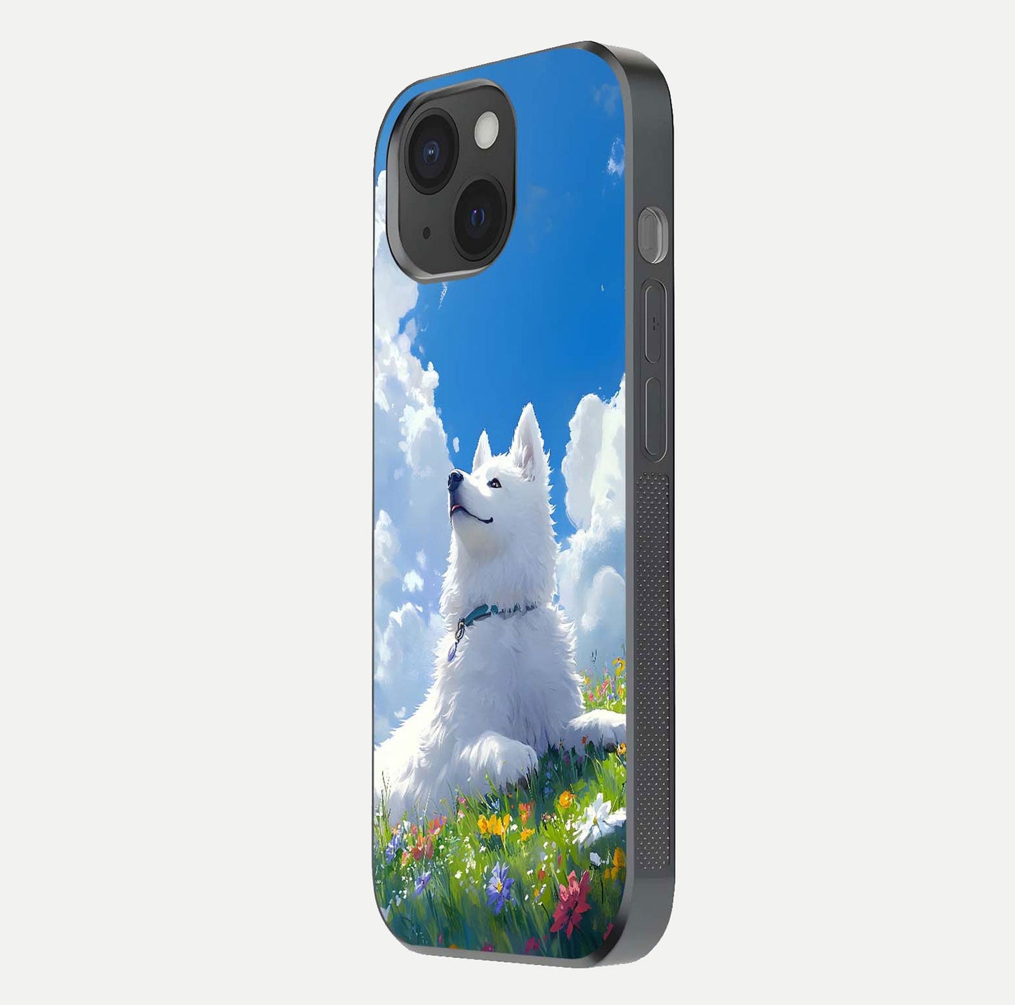 Blissful Cloud Pup Glass Case for iPhone 15 side-angle shot displaying puppy print and glossy texture