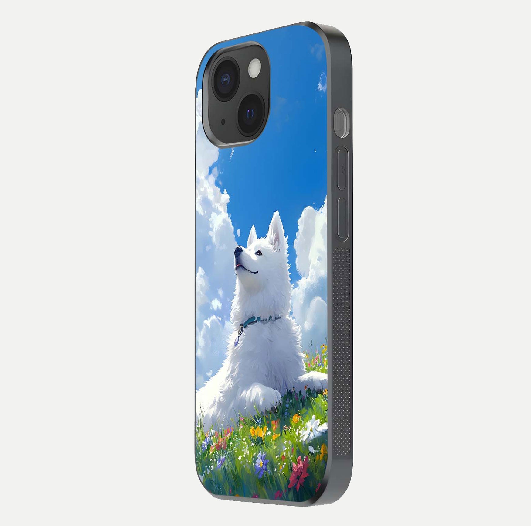 Blissful Cloud Pup Glass Case for iPhone 15 side-angle shot displaying puppy print and glossy texture