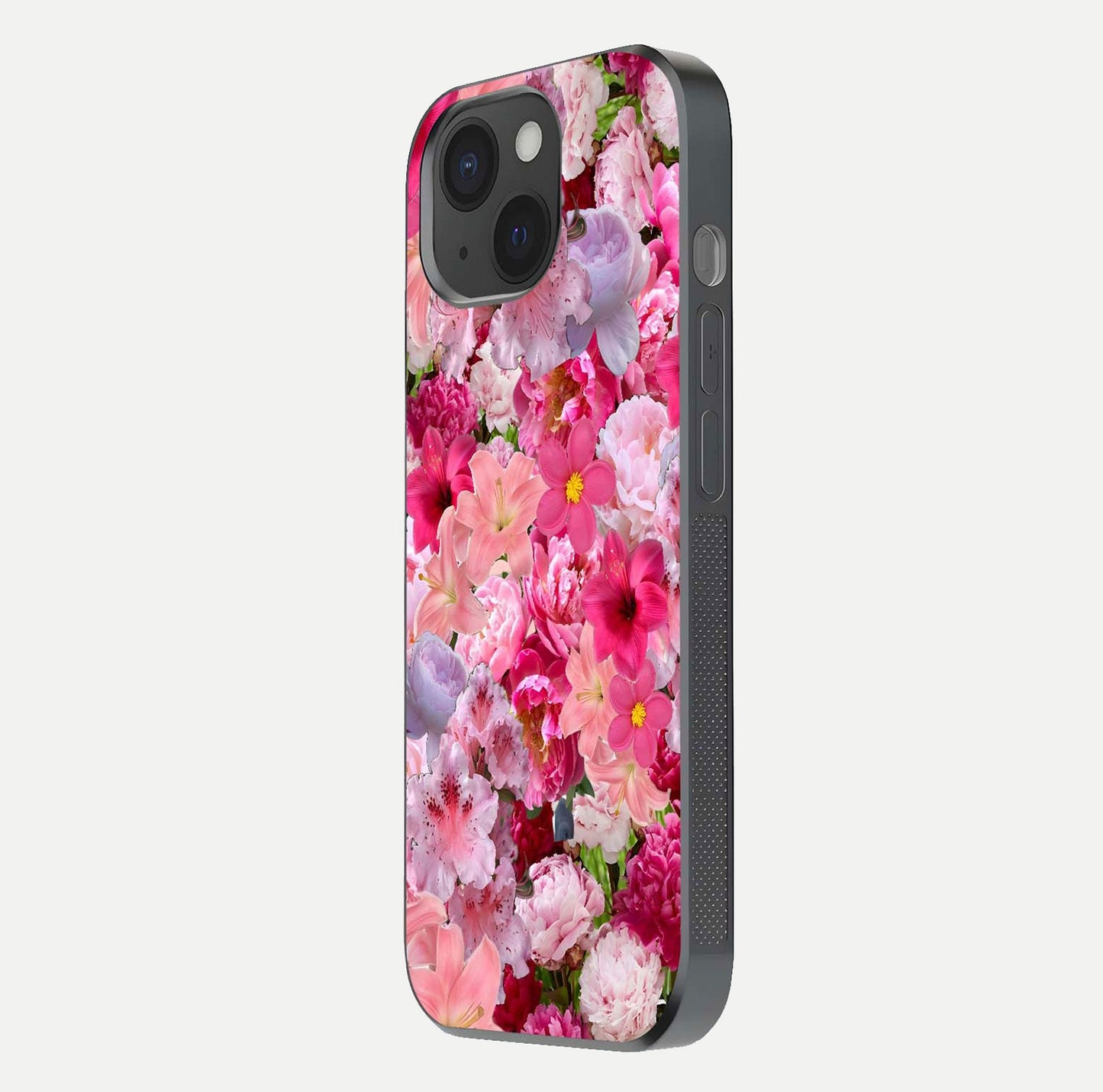 Bloom Crush Fantasy Glass Case for iPhone 15 side-angle shot with fantasy bloom art and gloss surface