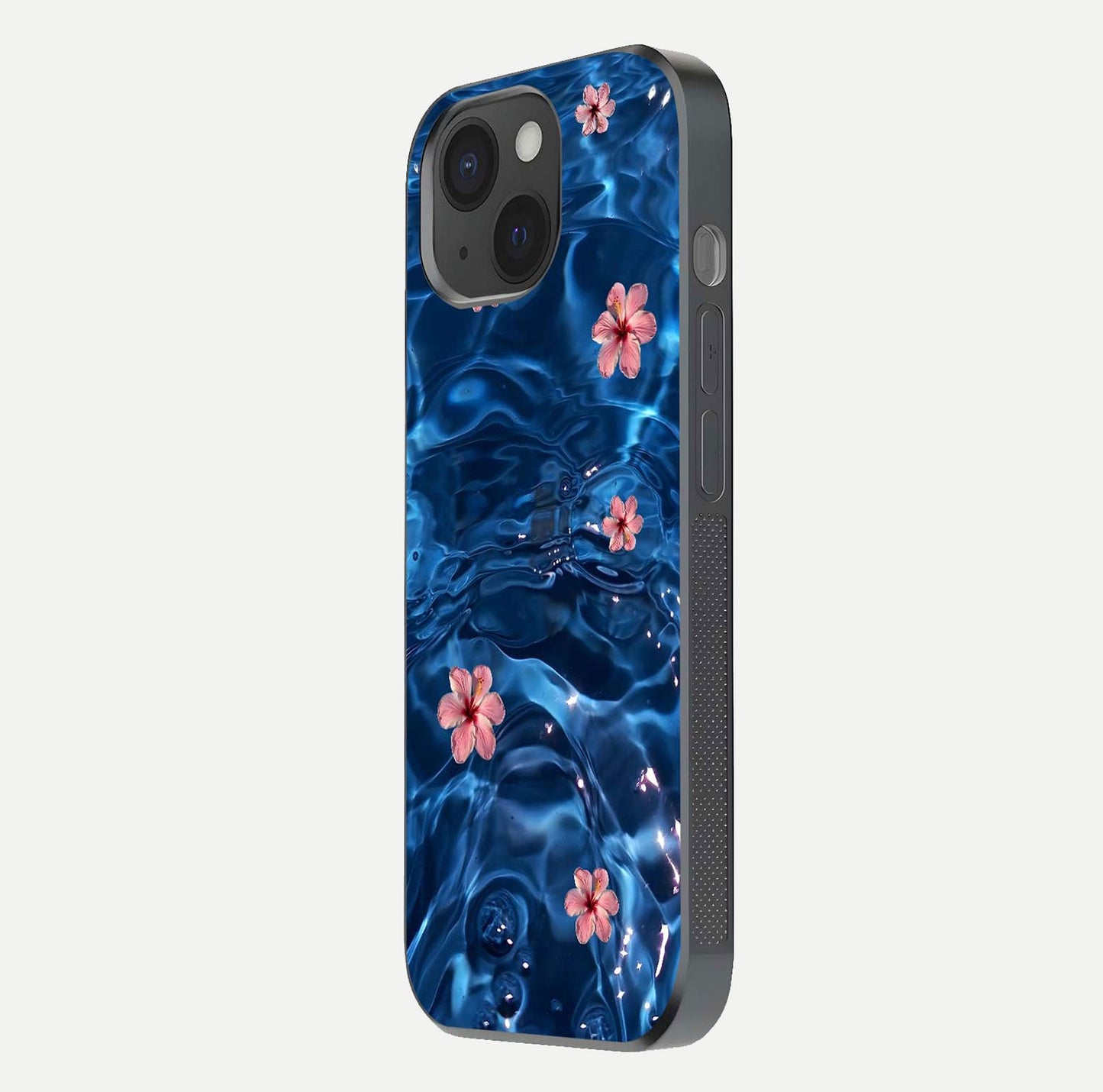 Blooming Water Drift Glass Case for iPhone 15 side-angle image showcasing blossom flow, curved corners, and HD glass gloss