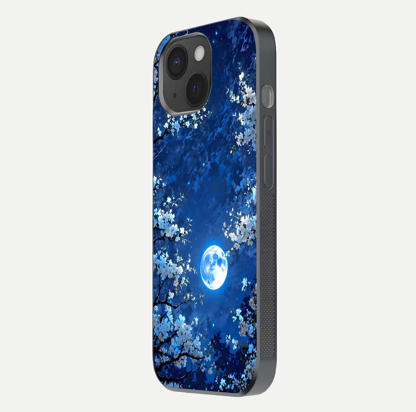 Blossom Moonlight Sky Glass Case for iPhone 15 side-angle view emphasizing moonlight tones and protective edge