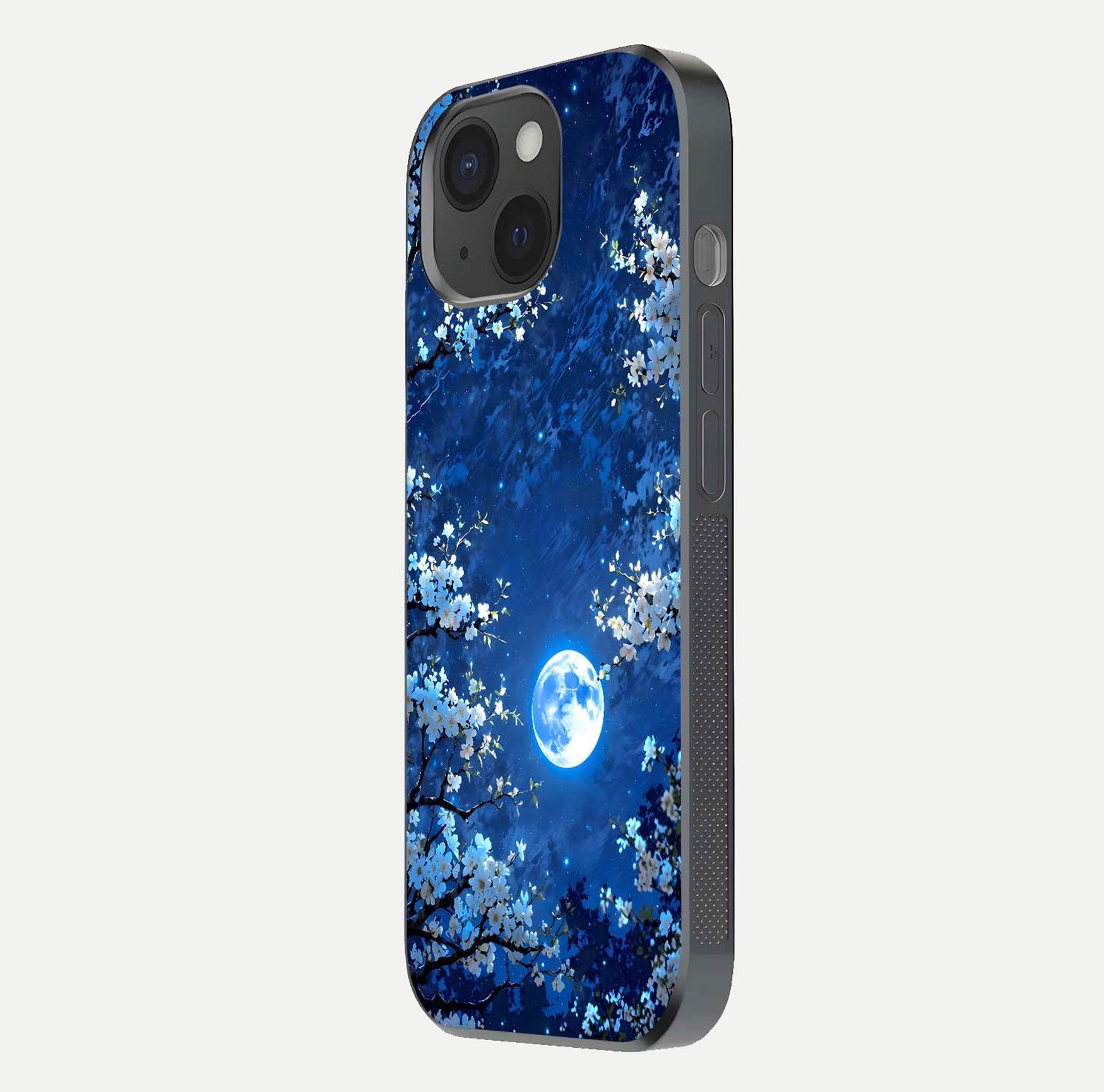 Blossom Moonlight Sky Glass Case for iPhone 15 side-angle view emphasizing moonlight tones and protective edge