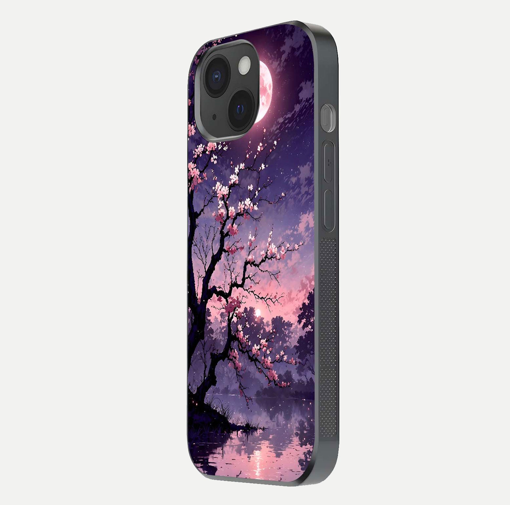 Blossom Pink Moon Glass Case for iPhone 15 side-angle image showing glossy curve and floral-moon balance