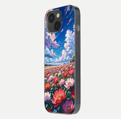 Blossom Sky Field Glass Case for iPhone 15 side-angle showing sky hues, blossom texture, and reflective shine