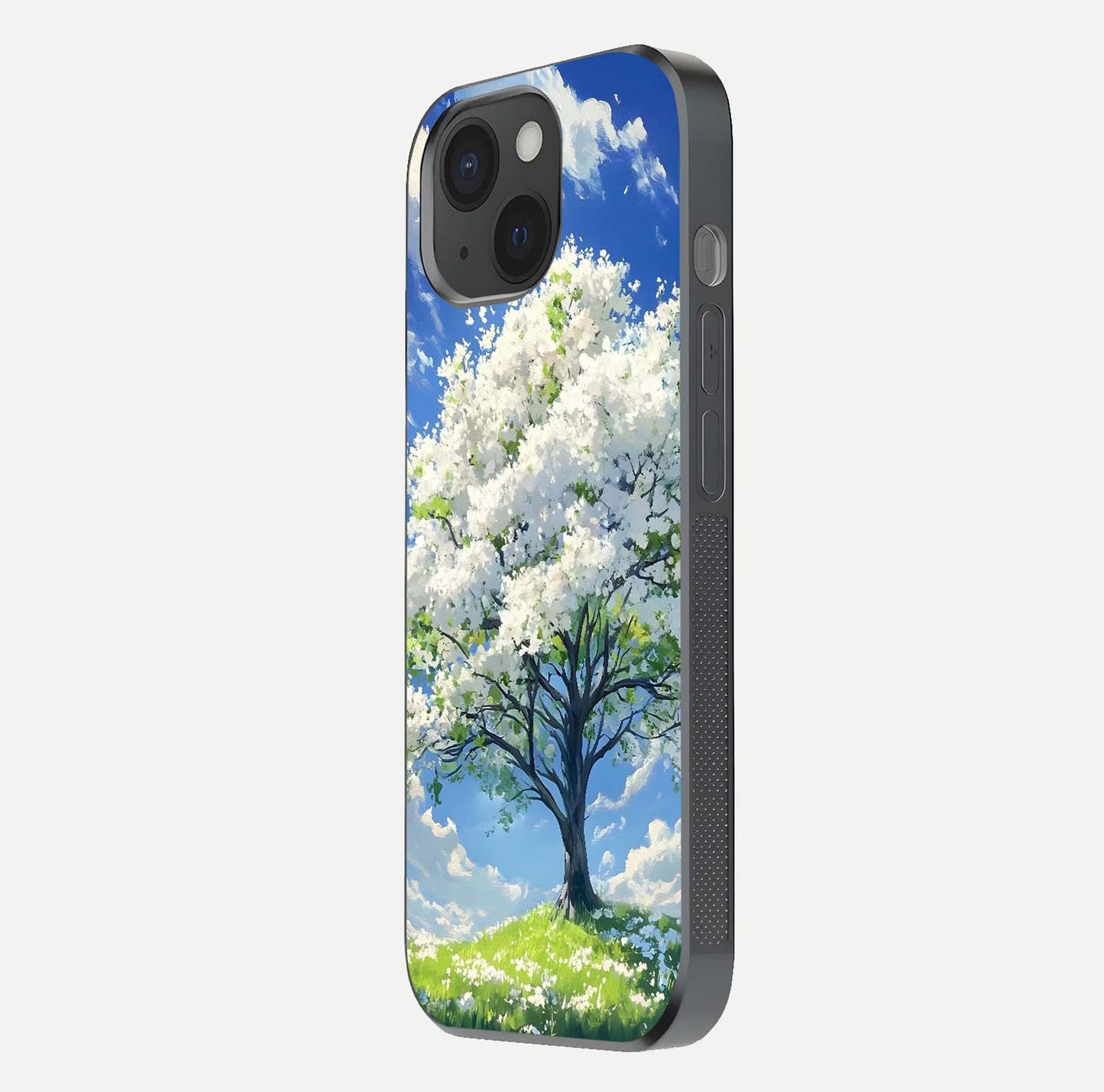 Blossom Sky Serenity Glass Case for iPhone 15 side-angle image showing elegant edge flow and light reflection