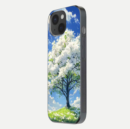 Blossom Sky Serenity Glass Case for iPhone 15 side-angle image showing elegant edge flow and light reflection