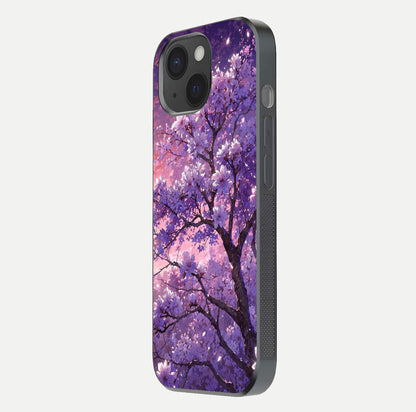 Blossom Tree Glass Case for iPhone 15 side-angle image showing floral tree artwork and reflection gloss