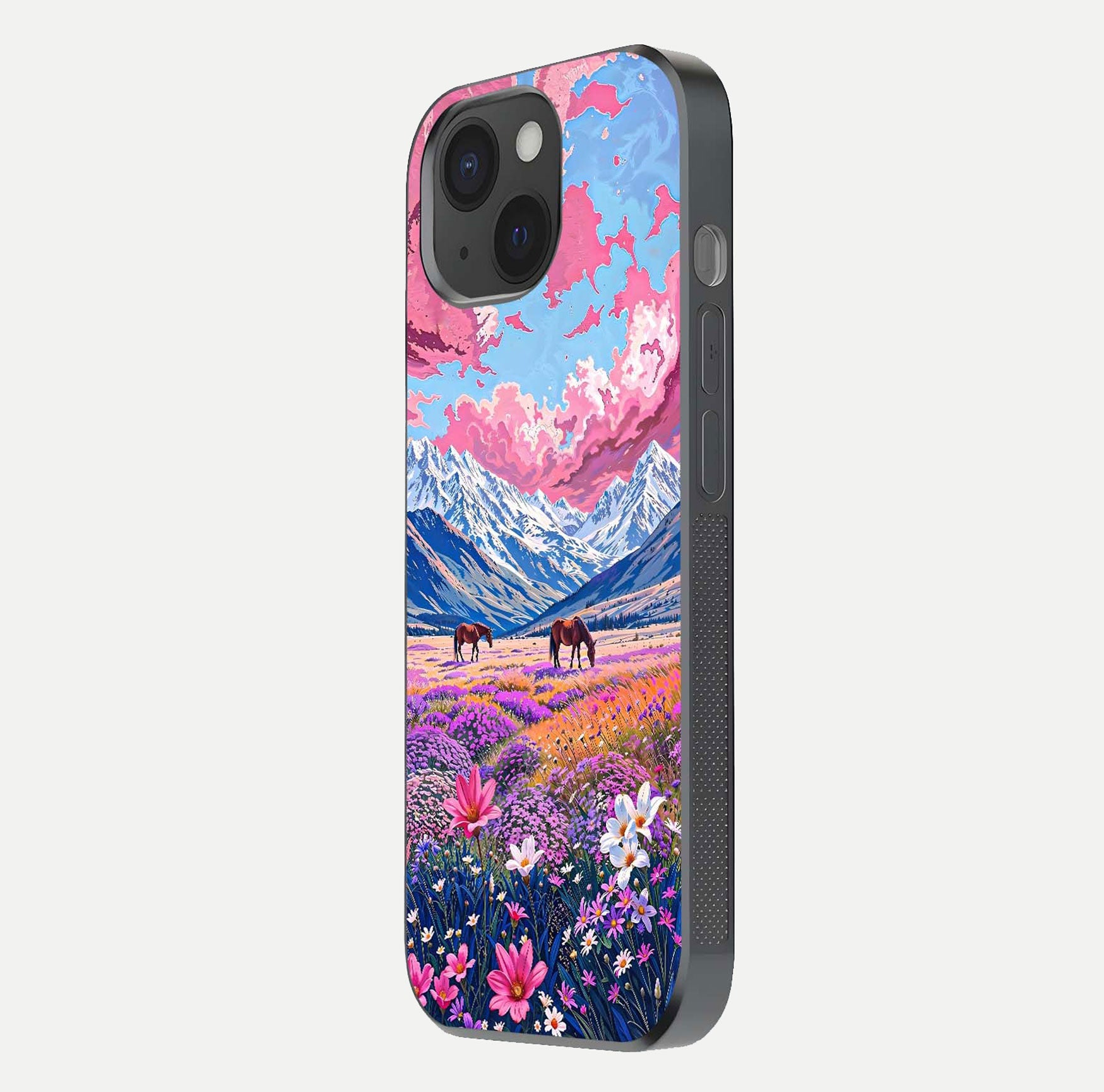 Blossom Valley Dream Glass Case for iPhone 15 side-angle shot showcasing bloom tones and gloss texture