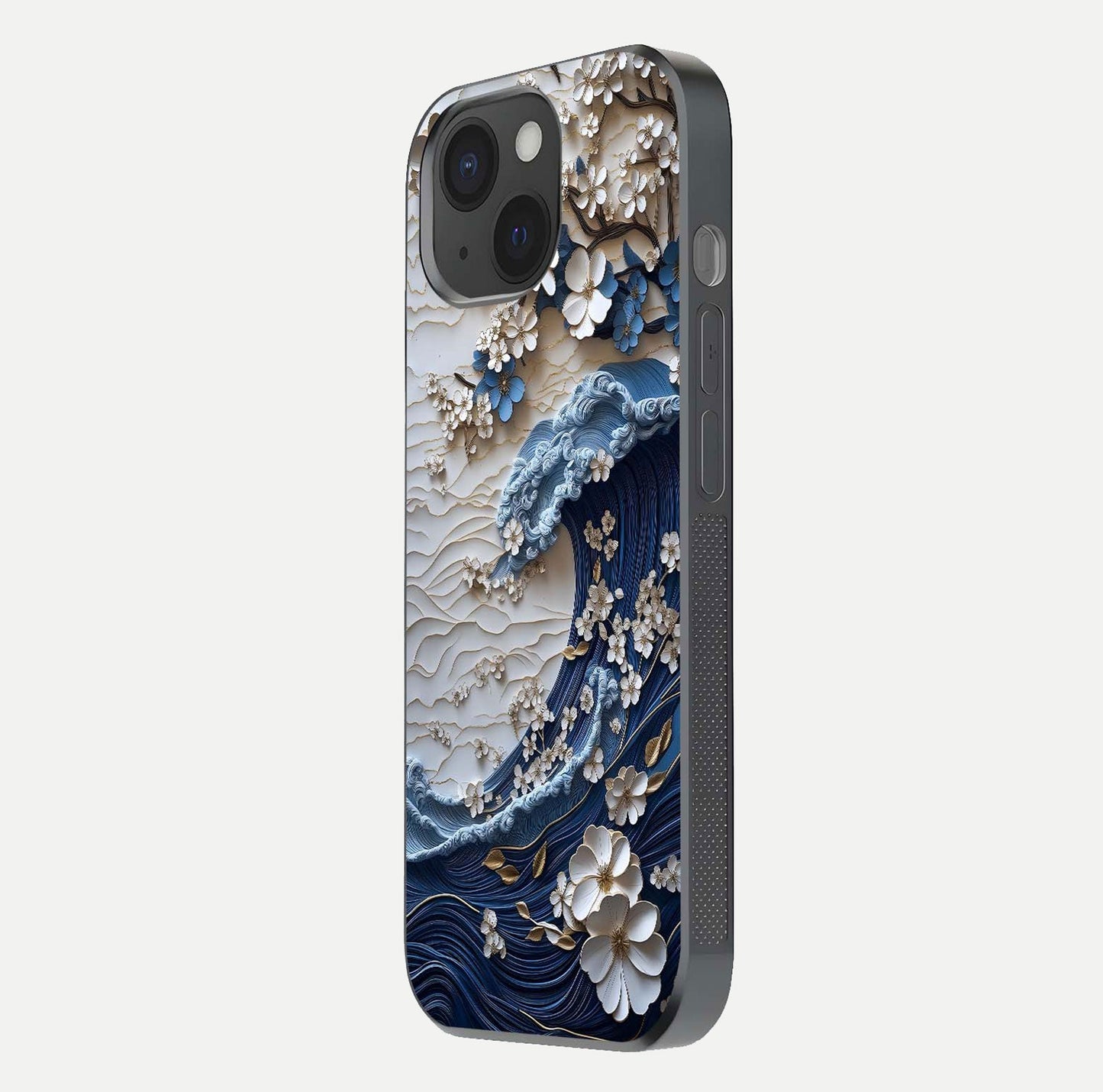 Blossom Wave Art Glass Case for iPhone 15 side-angle view showing wave-flow print and gloss edge finish