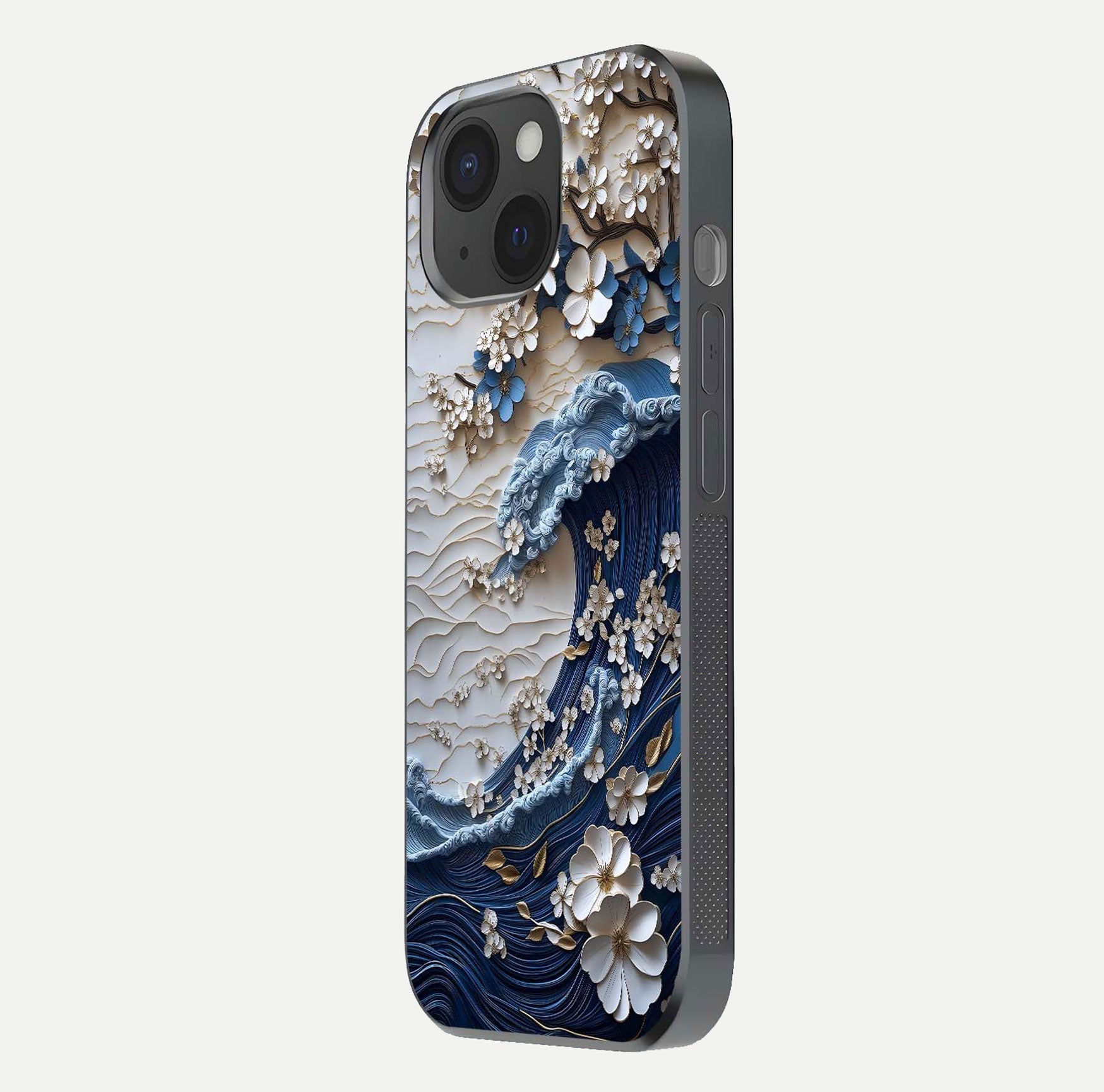 Blossom Wave Art Glass Case for iPhone 15 side-angle view showing wave-flow print and gloss edge finish