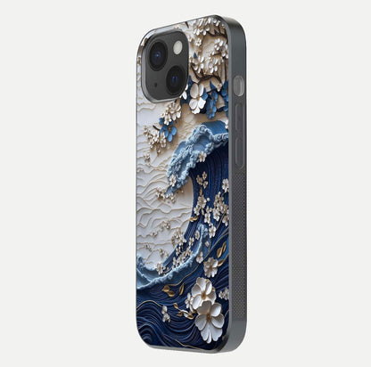 Blossom Wave Art Glass Case for iPhone 15 side-angle view showing wave-flow print and gloss edge finish
