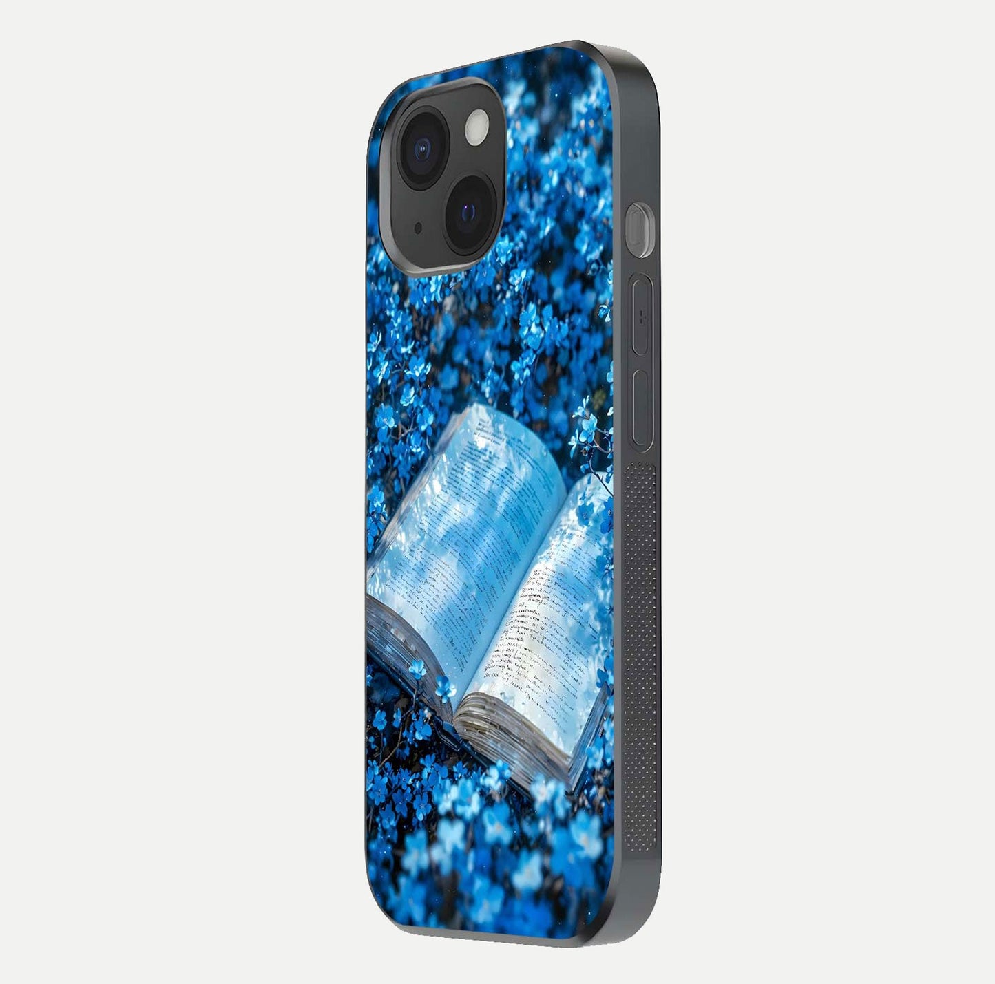 Blue Bloom Tales Glass Case for iPhone 15 side-angle image showing blue floral pattern and glossy finish