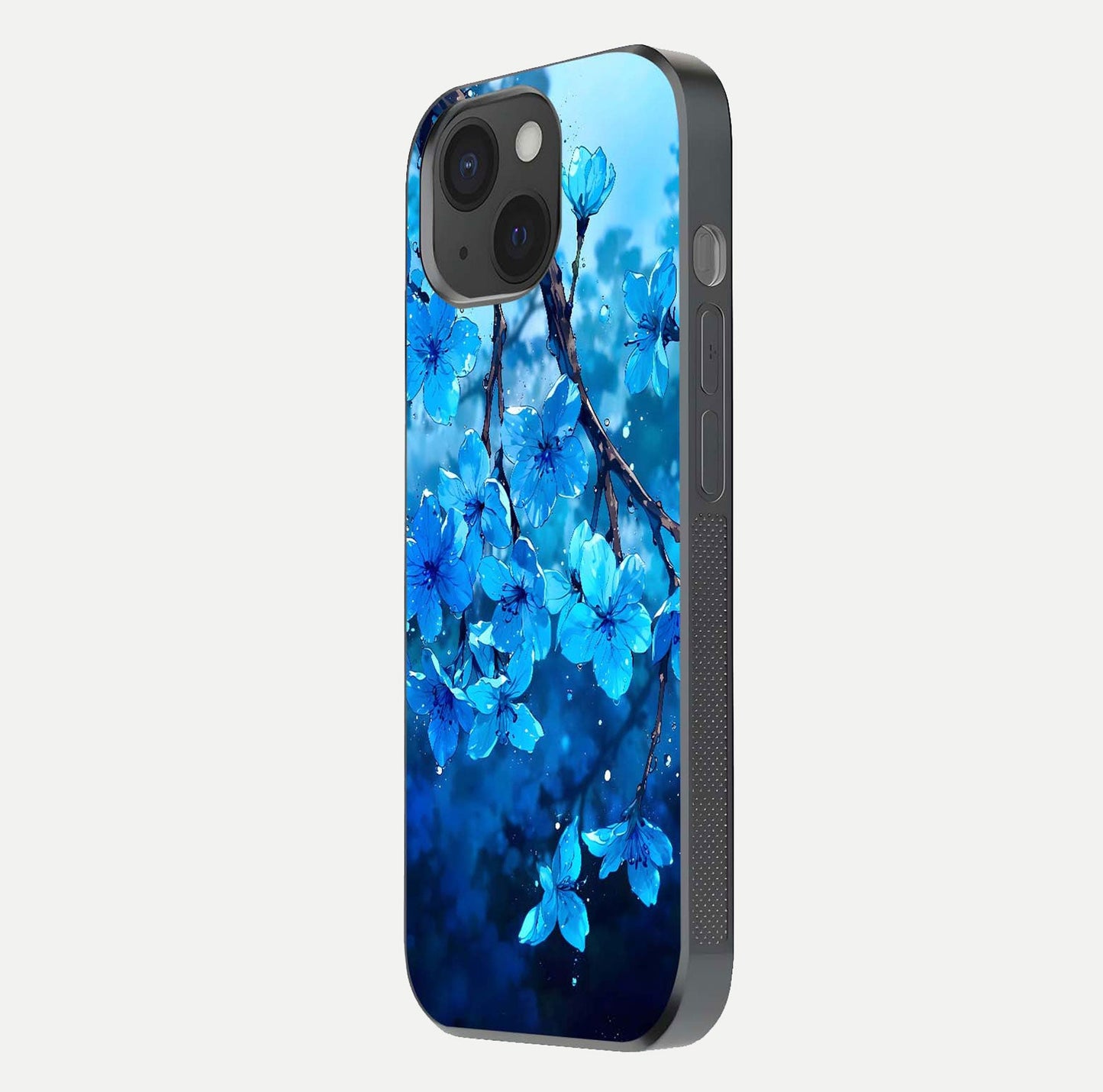 Blue Blossoms Branch Glass Case for iPhone 15 side-angle image showing blossom pattern flow and glossy texture