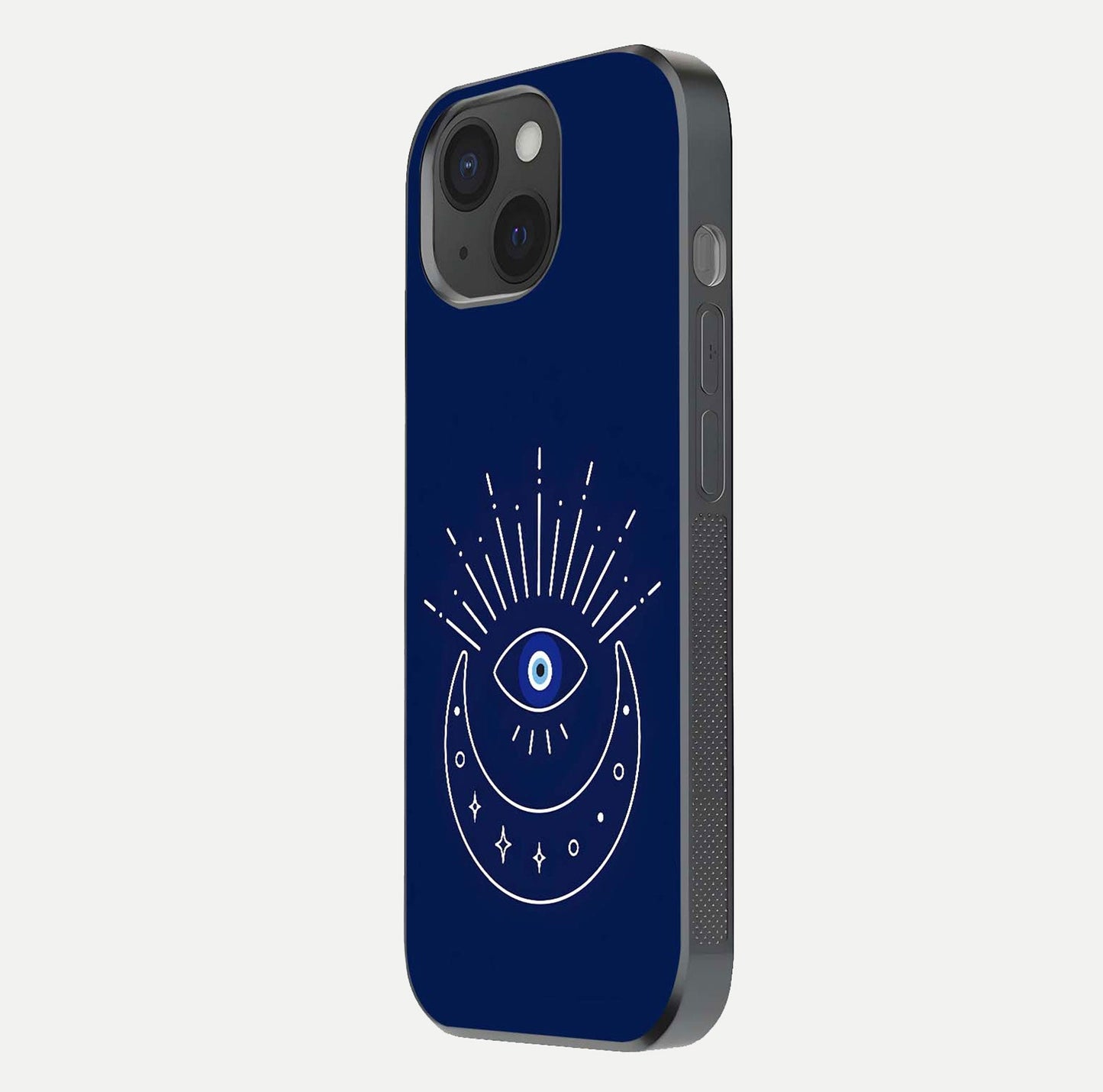 Blue Evil Eye Glass Case for iPhone 15 side-angle view showing edge glow, color balance, and reflective surface