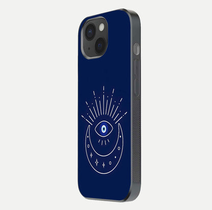 Blue Evil Eye Glass Case for iPhone 15 side-angle view showing edge glow, color balance, and reflective surface