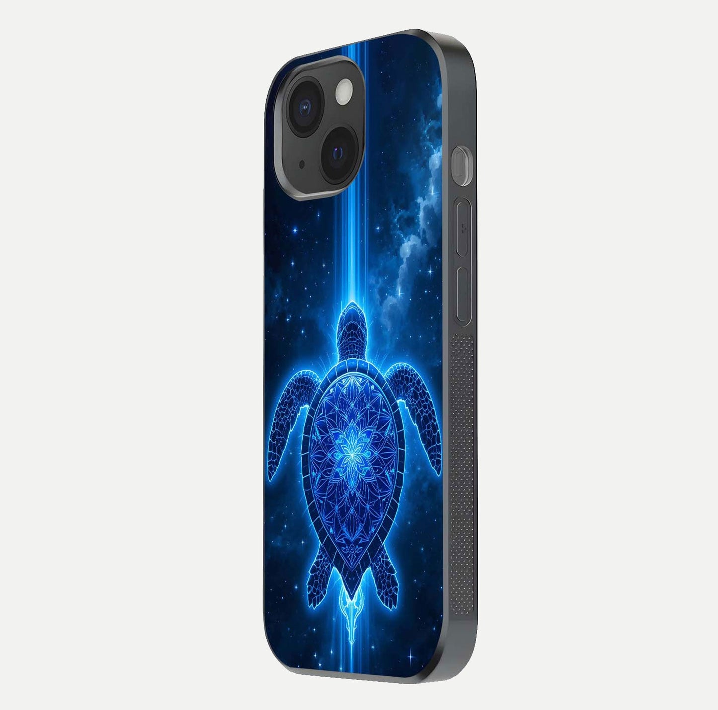 Blue Galaxy Turtle Glass Case for iPhone 15 side-angle photo capturing galaxy shine and smooth edge design