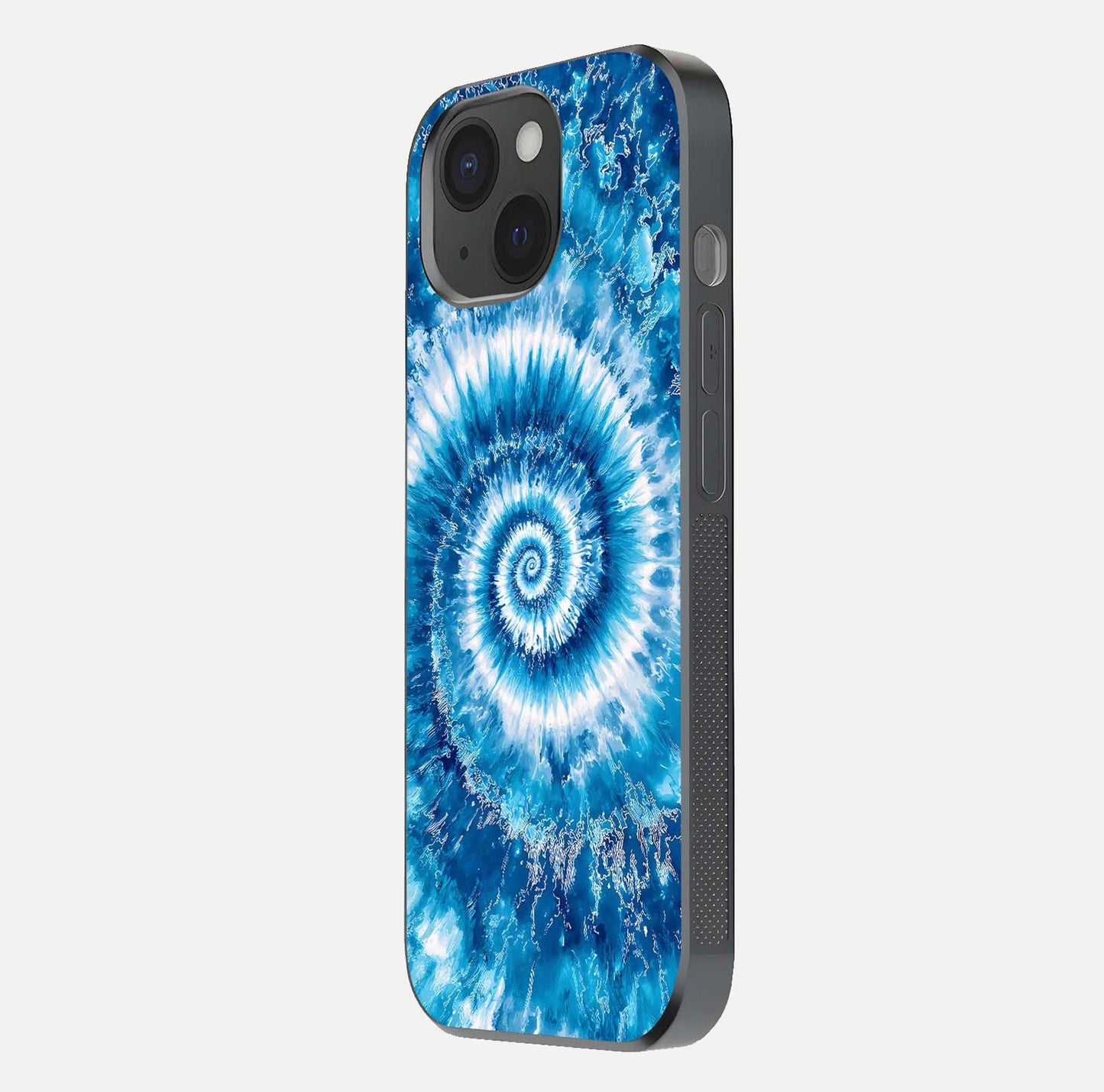 Blue Galaxy Wave Glass Case for iPhone 15 side-angle image showing wave ripple art and glass gloss