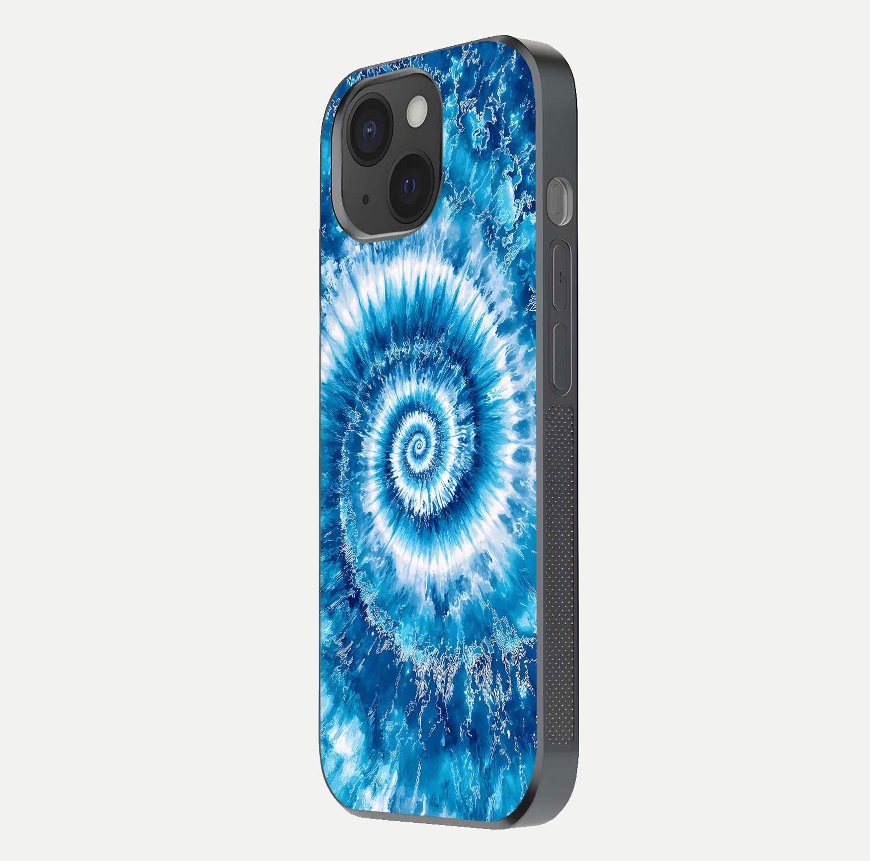 Blue Galaxy Wave Glass Case for iPhone 15 side-angle image showing wave ripple art and glass gloss