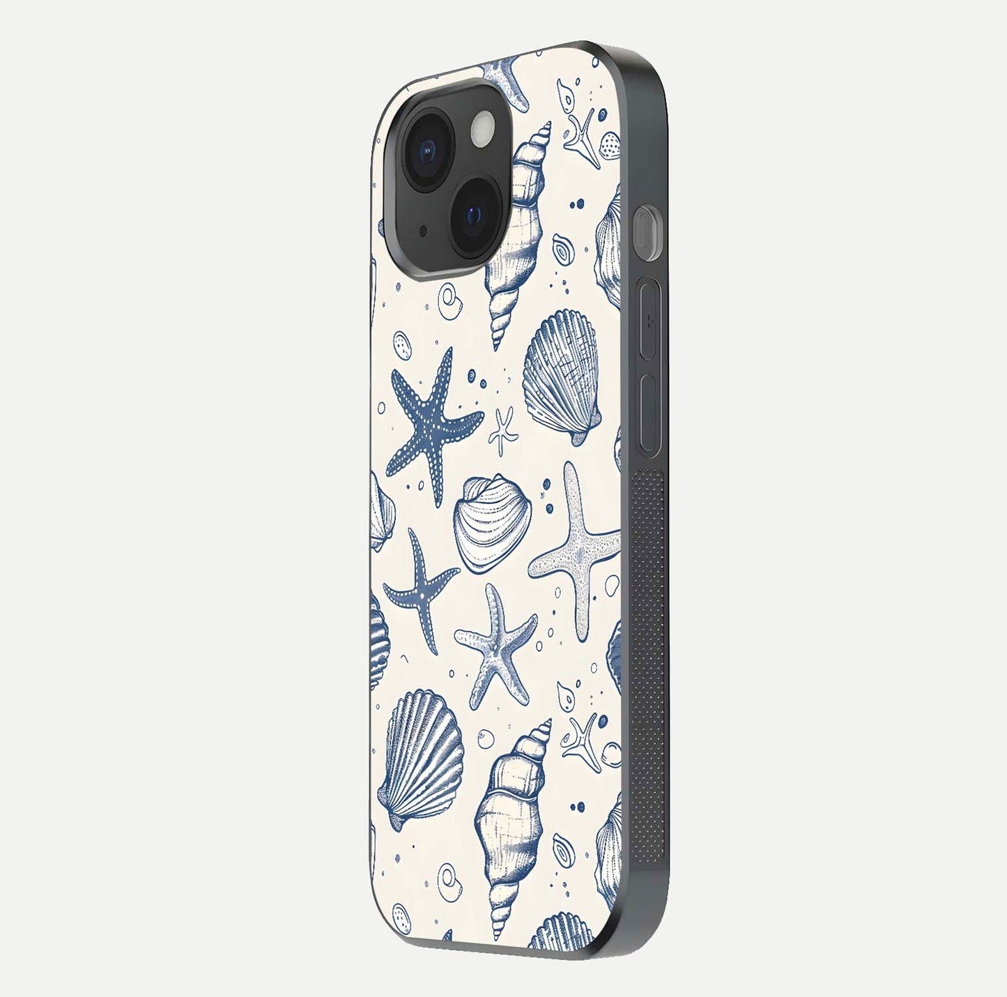 Blue Ocean Outline Glass Case for iPhone 15 side-angle view showing clear edge lines and oceanic blue glow